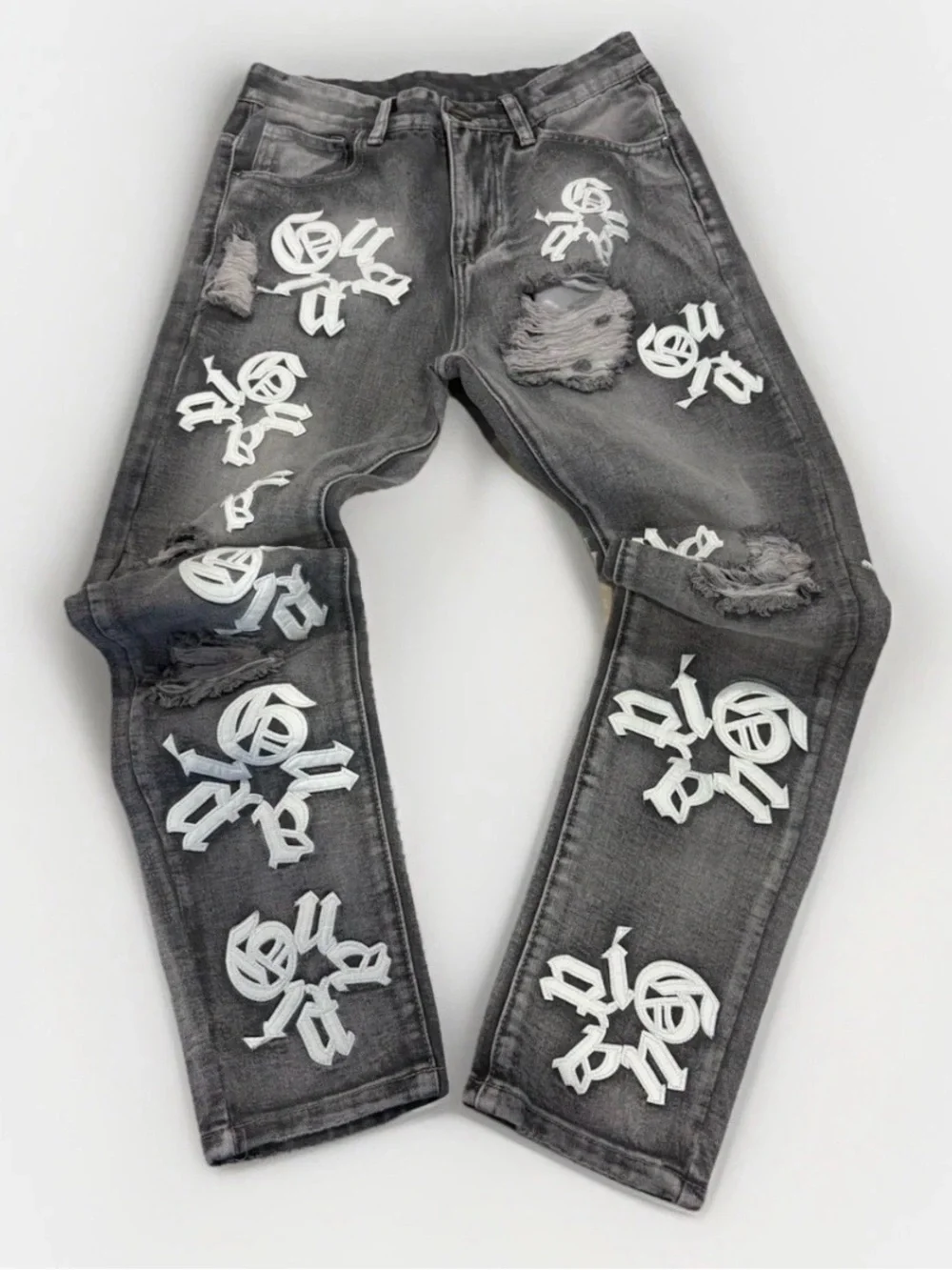 GUAPI Distressed Skinny Jeans Gray Denim Embroidered Logo Streetwear Men's 28 - Picture 1 of 11